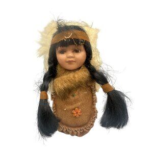 Vintage Handmade Native-Inspired Doll With Faux Fur Braided Hair And Embroidered